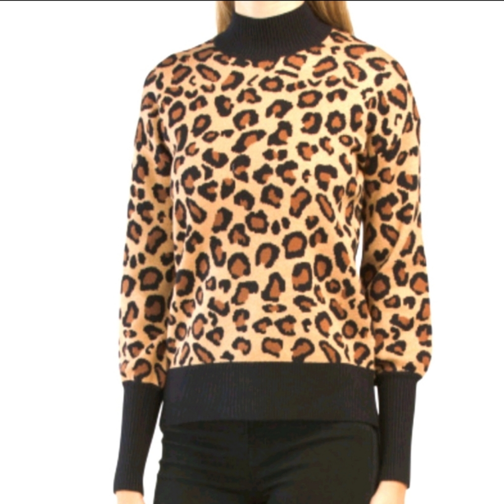 Rachel Zoe Mock Neck Leopard Print Brown Sweater Sz Large